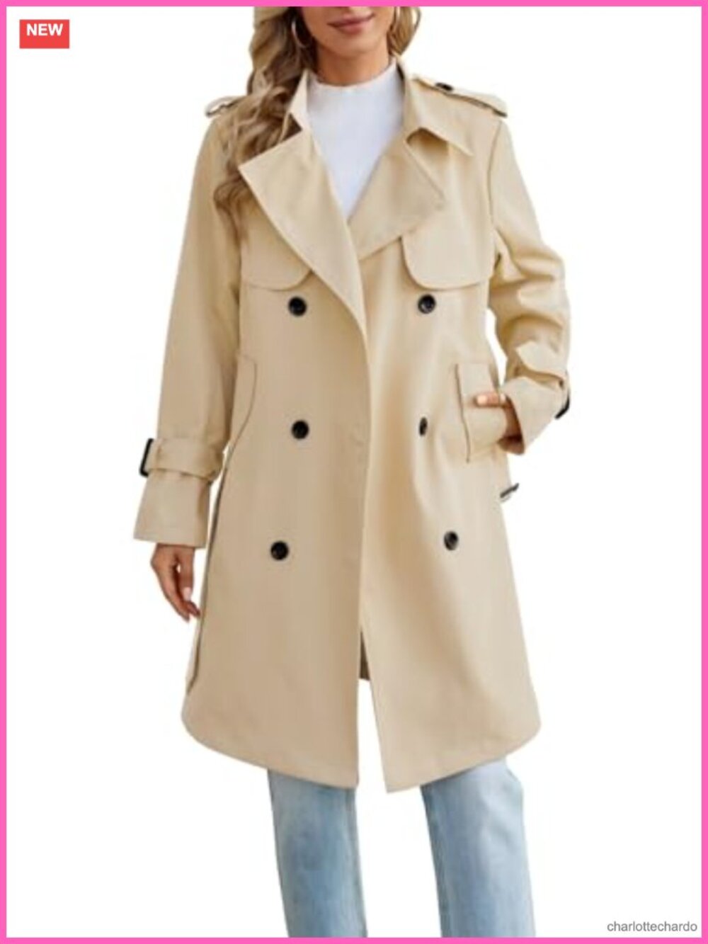 Women's Double Breasted Trench Coat with Belt, Long Sleeve